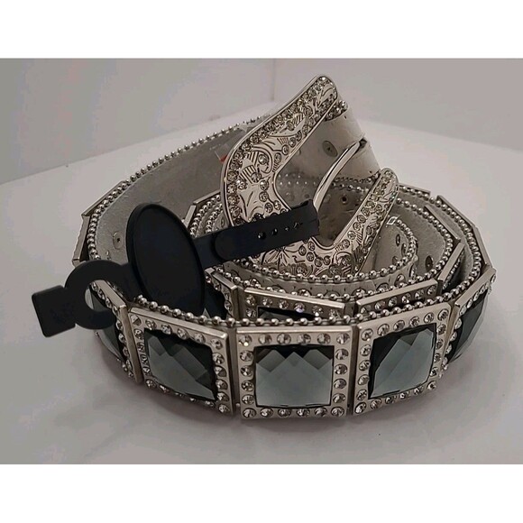 Genuine Leather Belt White Silver Buckle Studded Mirror Style Western Rock Retro main image 12